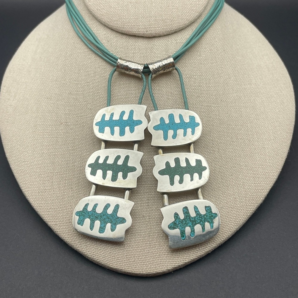 Manos Andinas Statement Necklace Sterling Turquoise Inlay Chilean Art Jewelry